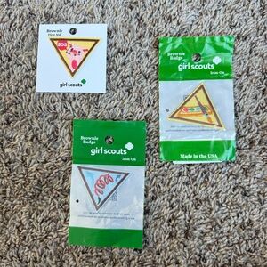 NWT 3 Girl Scout Brownie Badges iron on - first aid, RETIRED painting, leap bot